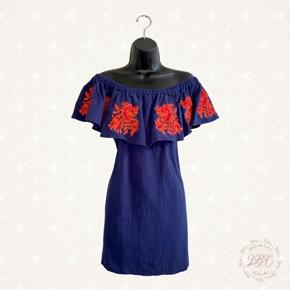 Umgee Off-Shoulder Navy Dress Red Rose Embroidery w Pockets Size Large